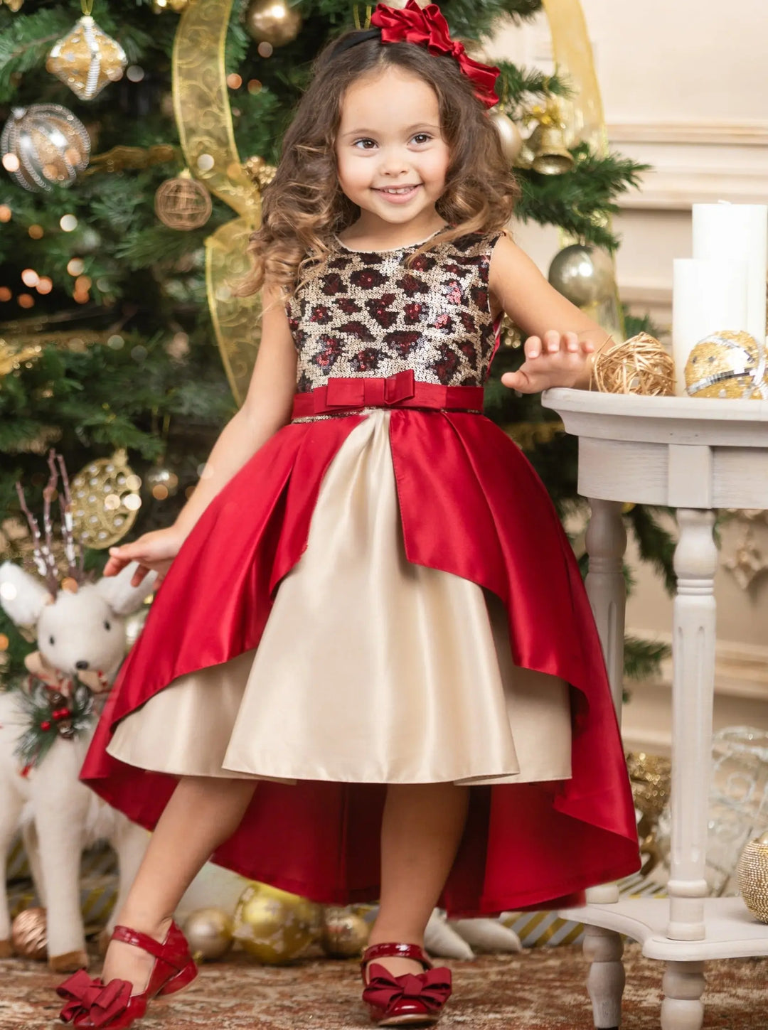 Girls Winter Formal Dress | Red And Gold Leopard Sequin Holiday Dress