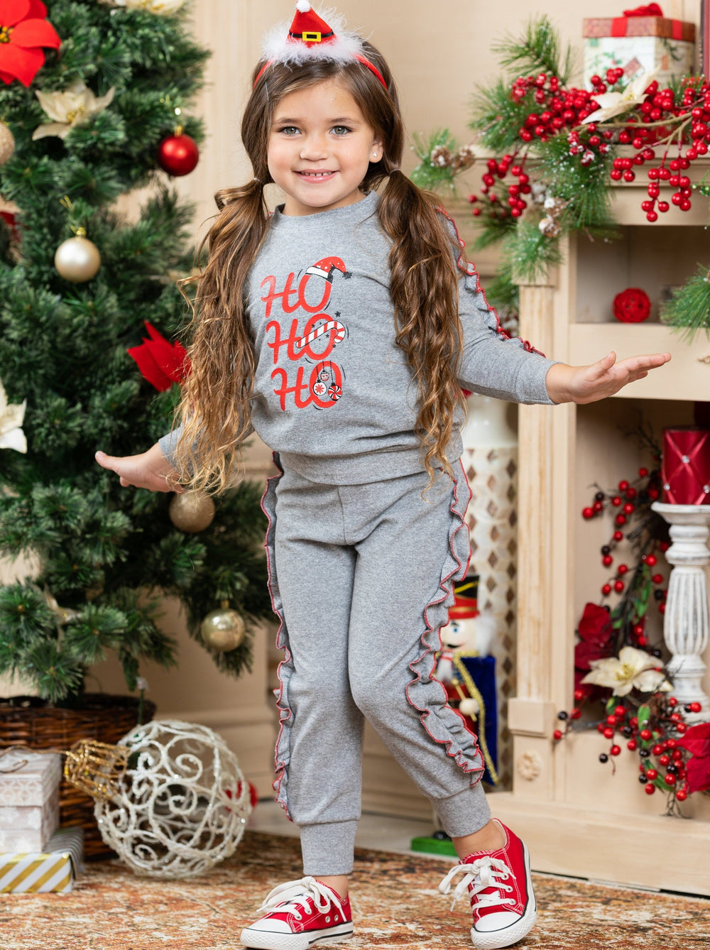 Cute Winter Sets | Girls Ho Ho Ho Holiday Ruffle Loungewear Set