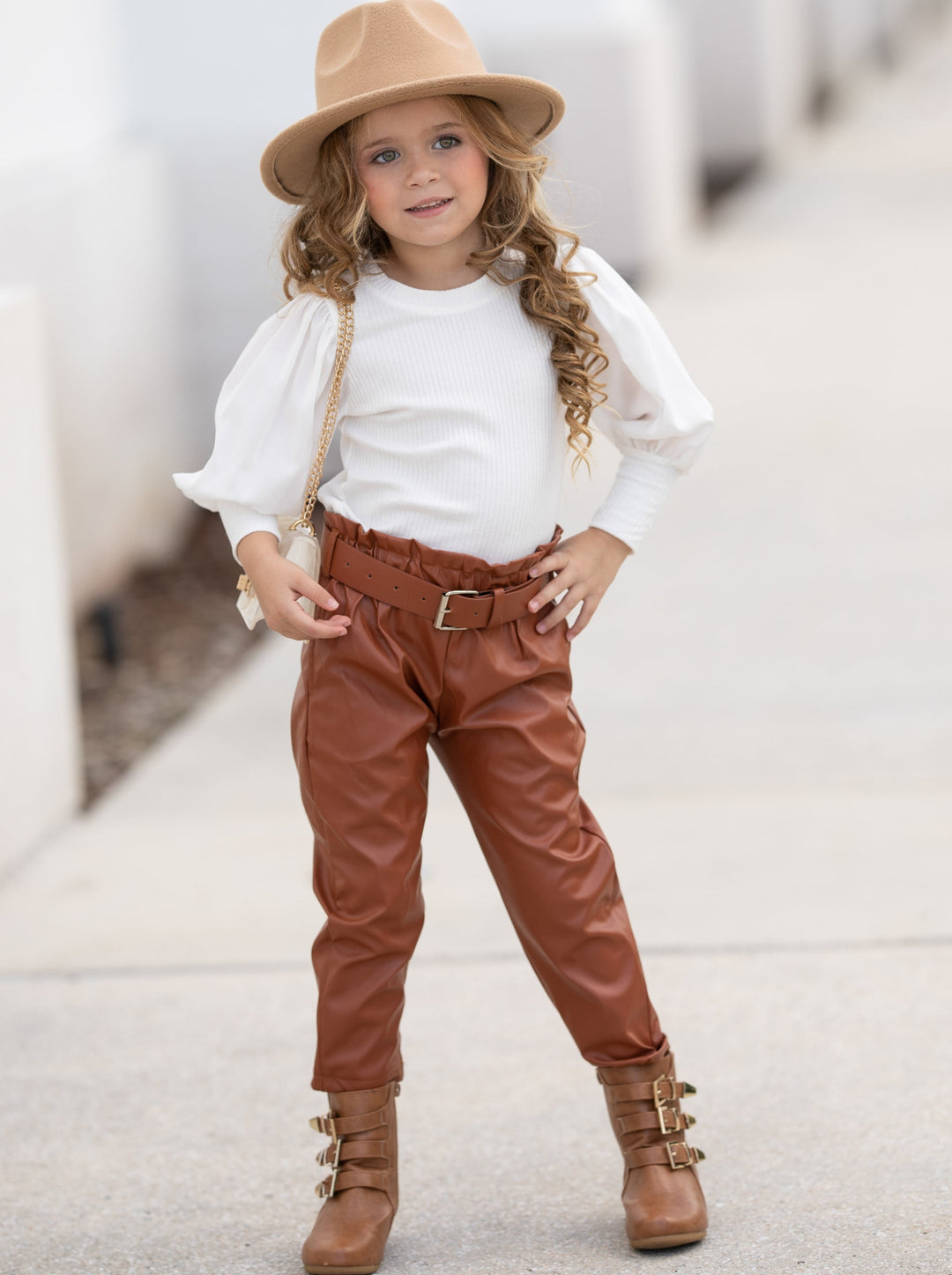 Mia Belle Girls Puff Sleeve Top & Vegan Leather Pants Set