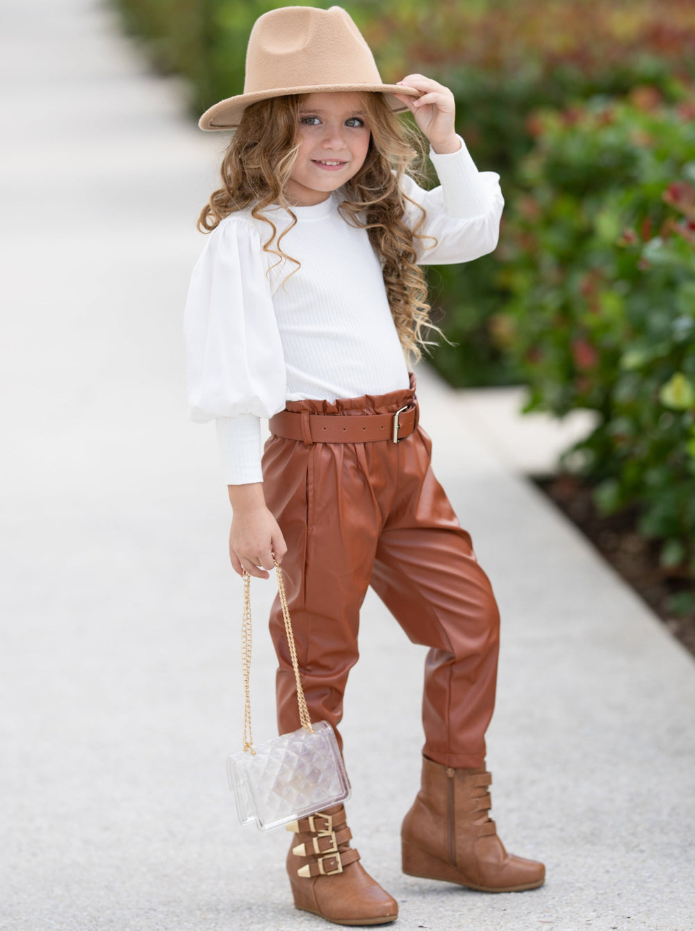 Mia Belle Girls Puff Sleeve Top & Vegan Leather Pants Set