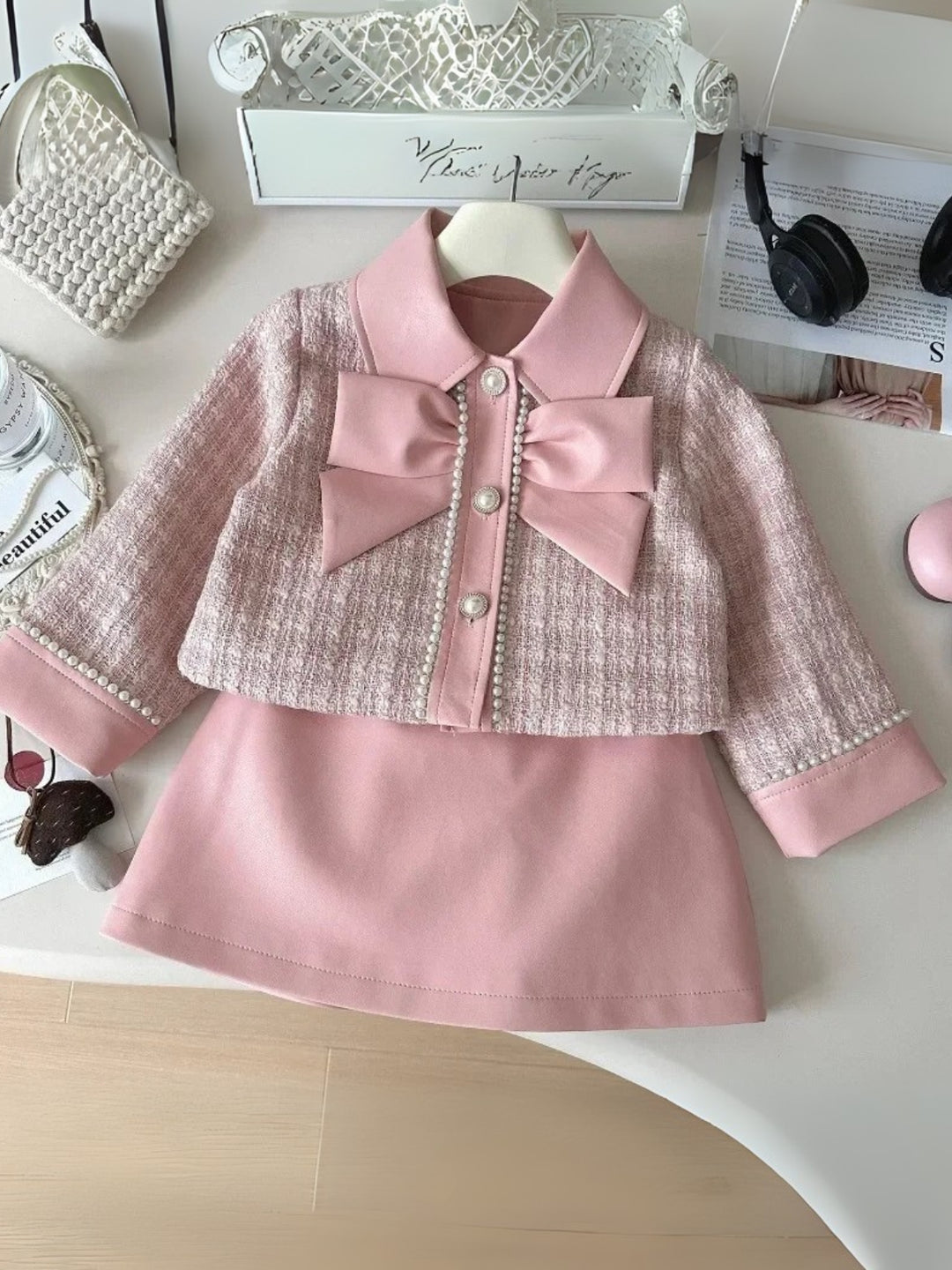 Elegant Pearl Trim Pink Jacket & Skirt Set