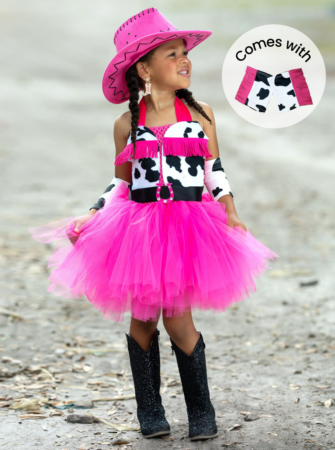 pink cow dresses Girls Queen of the Ranch Cowgirl Tutu Costume Dress with Arm Tassels Hot Pink / 6Y