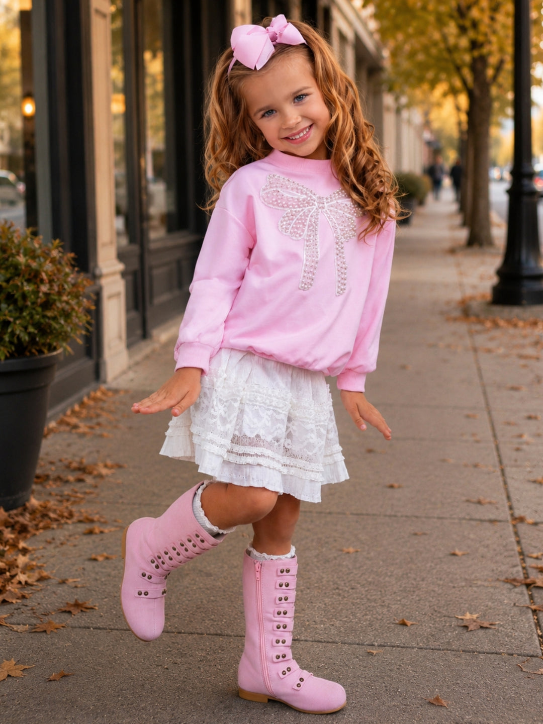 Pretty in Pink Pearl Bow Top and Lace Skirt Set