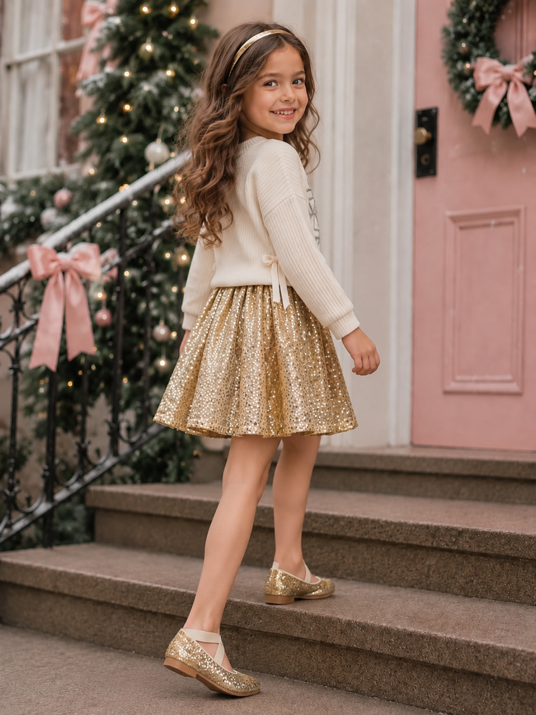 Snowflake Sparkle Sweater and Gold Sequin Skirt Set