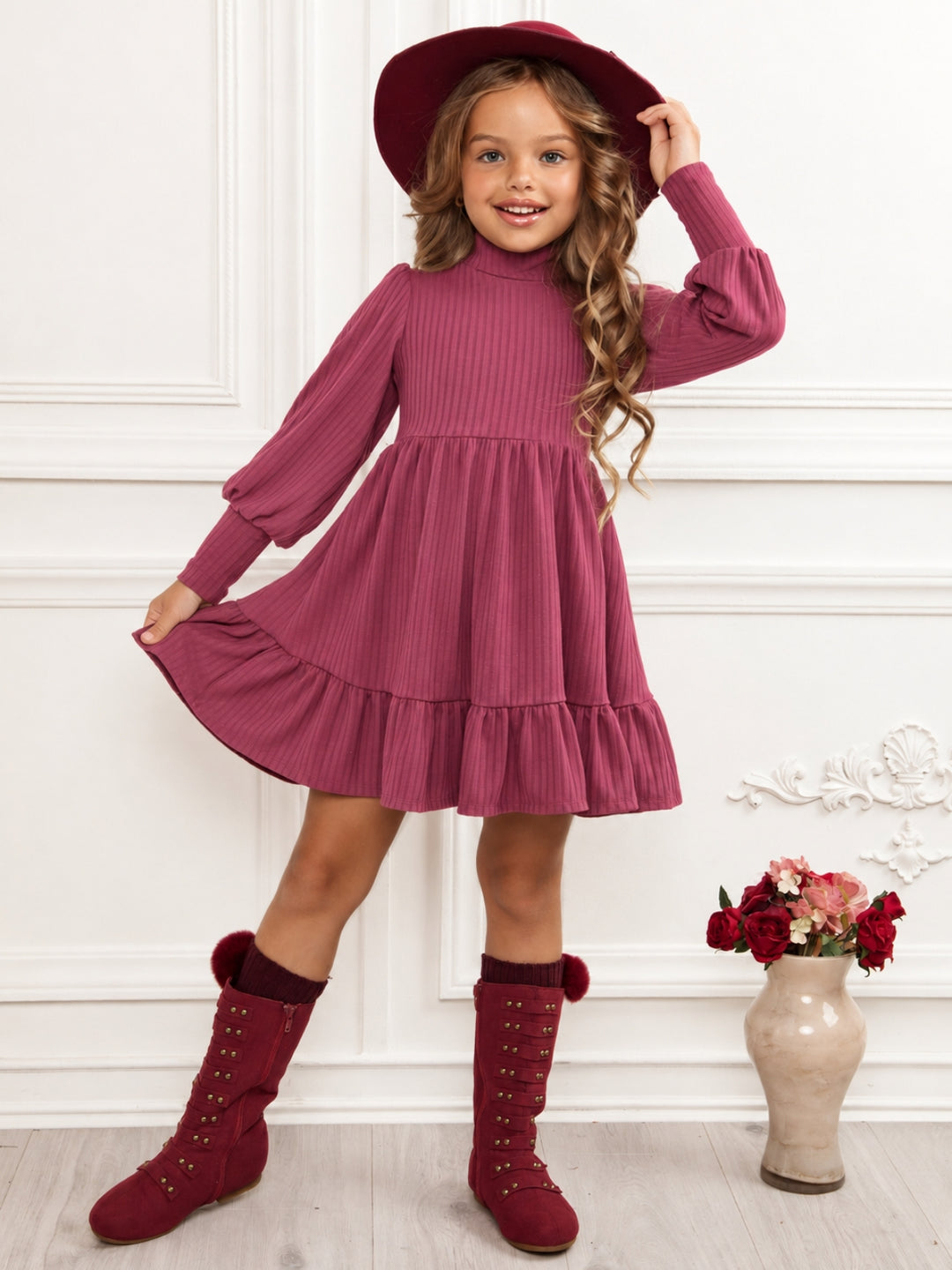 Snuggle & Twirl Burgundy Ribbed Mockneck Dress