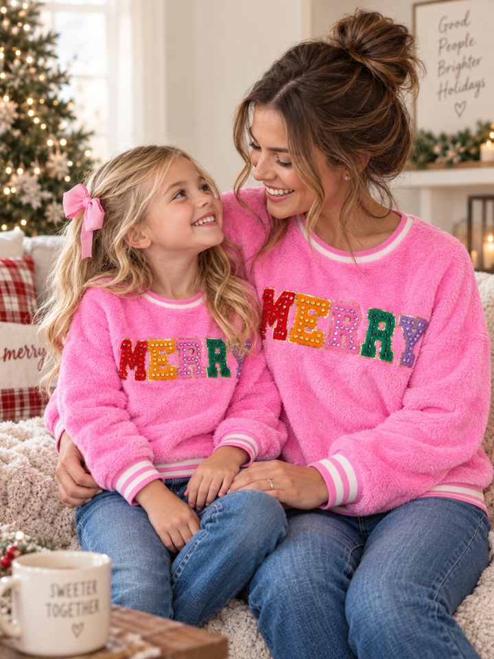 Mommy and Me Merry Embroidered Pink Furry Sweater