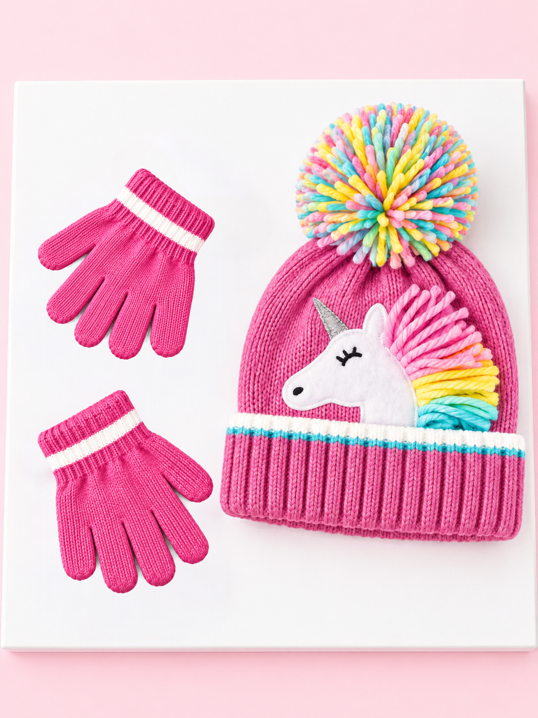 Rainbow Unicorn Knit Beanie and Gloves 2-Piece Set