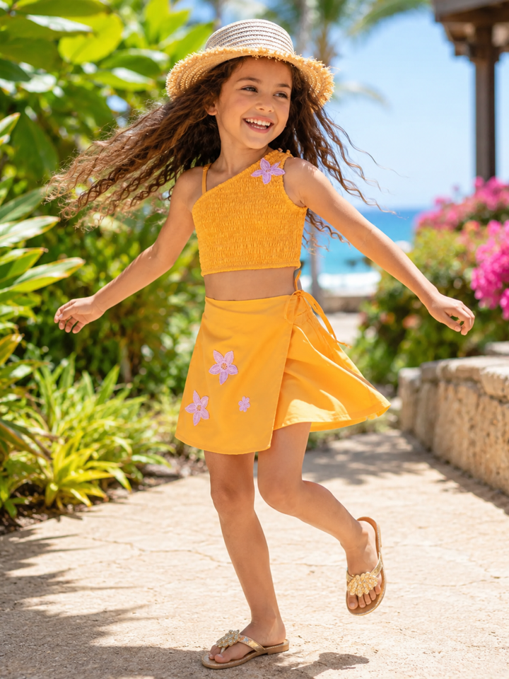 Sunshine Bloom Smocked One Shoulder Top and Skort Set