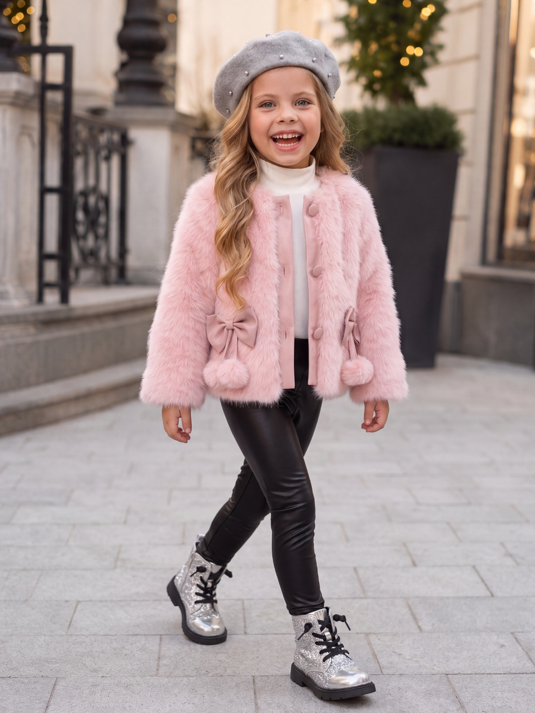 Snow Angel Bow & Pom-Pom Faux Fur Coat