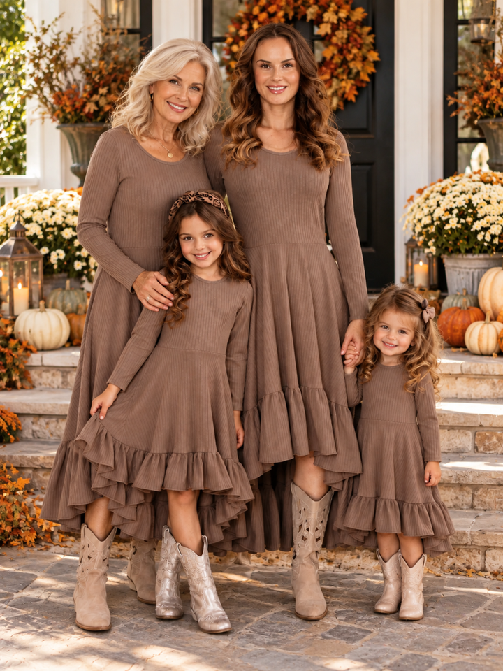 Family Matching Brown Ribbed Knit High-Low Ruffle Dress