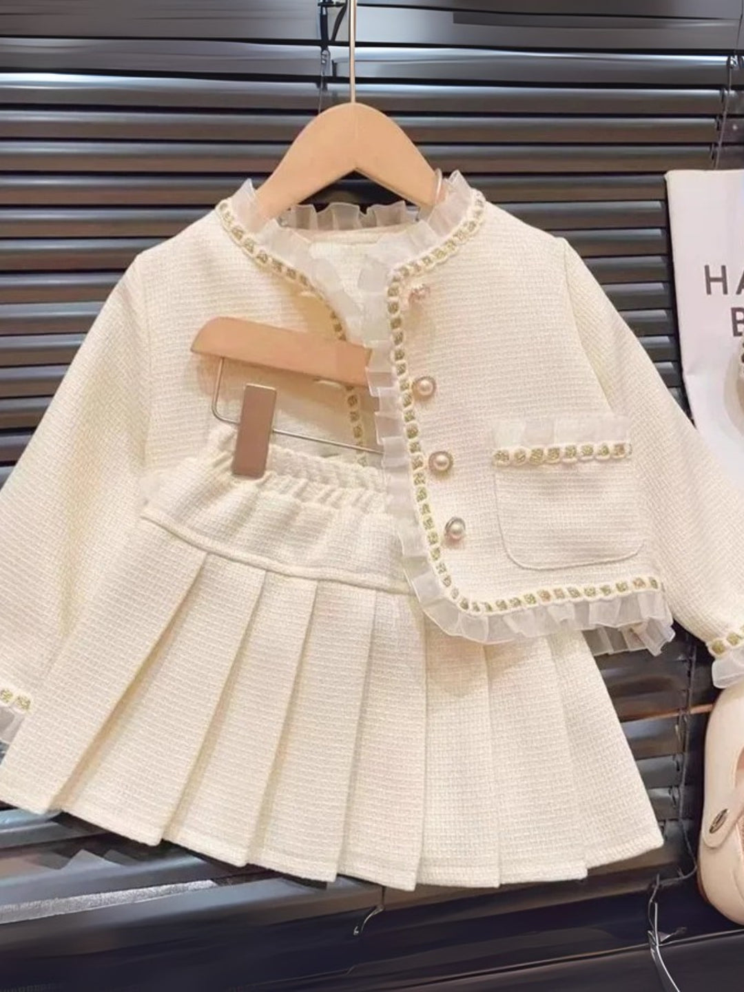 Elegant Pearl Button Jacket & Pleated Skirt Set