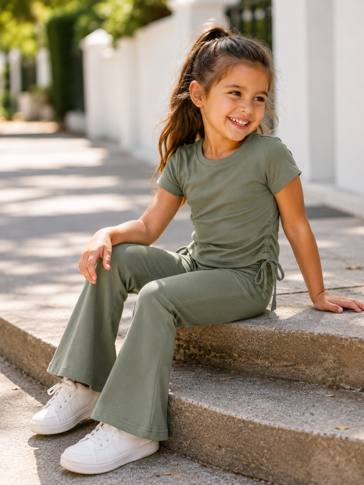Everyday Stretch Olive Side-Ruched Tee & Flare Pant Set