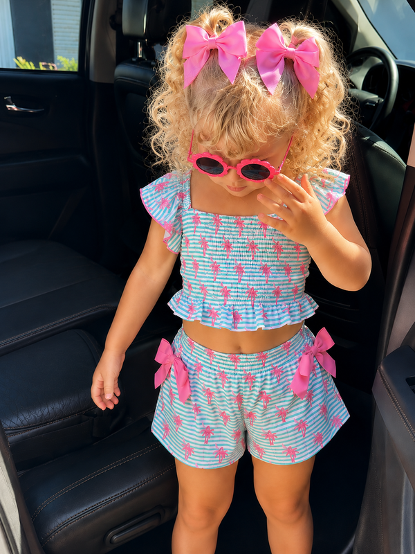 Palm Pop Smocked Ruffle Top and Bow Short Set
