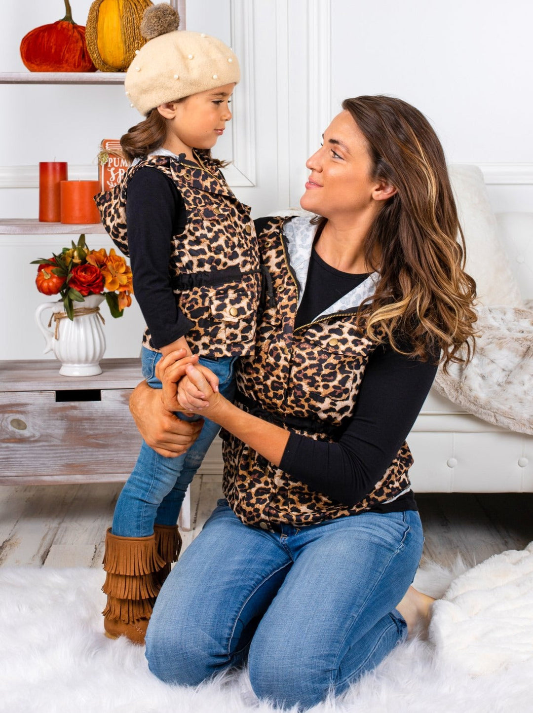 Mommy and Me Matching Outfits | Black Top & Leopard Hoodie Vest Set