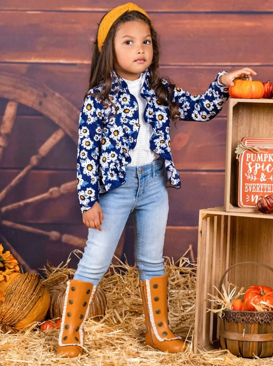 Little Girls Cardigans | Daisy Print Ruffle Blazer | Mia Belle Girls