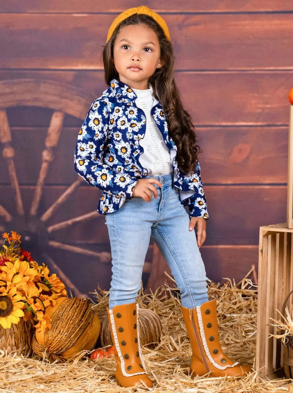 Little Girls Cardigans | Daisy Print Ruffle Blazer | Mia Belle Girls
