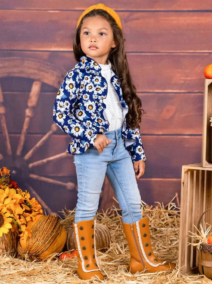 Little Girls Cardigans | Daisy Print Ruffle Blazer | Mia Belle Girls