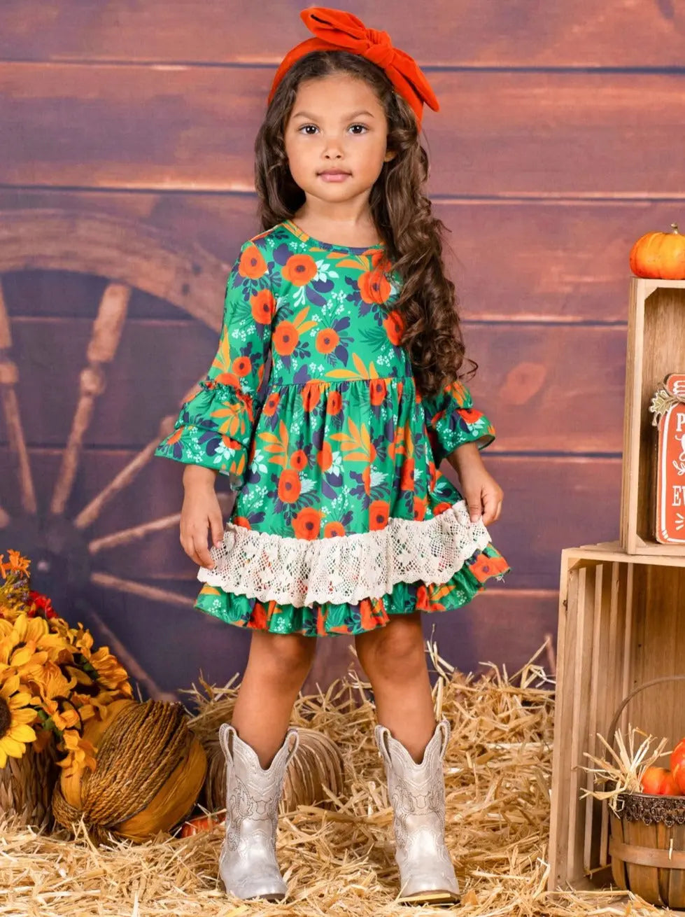 Girls Floral Crochet Ruffled Dress
