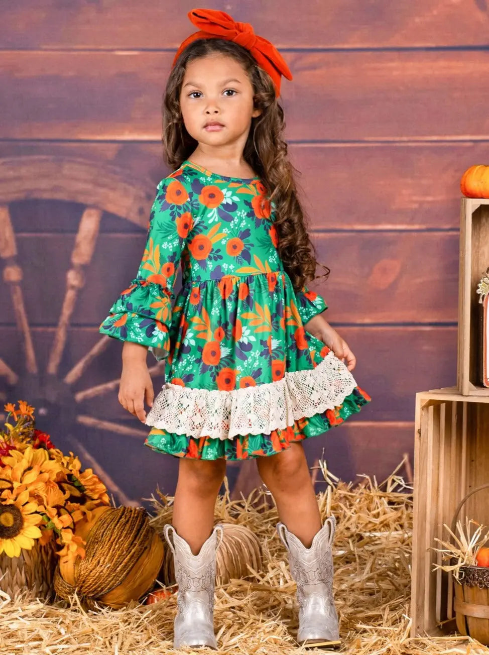 Girls Floral Crochet Ruffled Dress