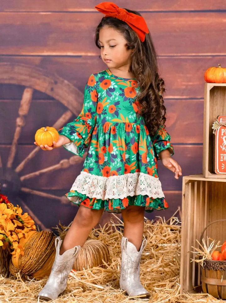 Girls Floral Crochet Ruffled Dress