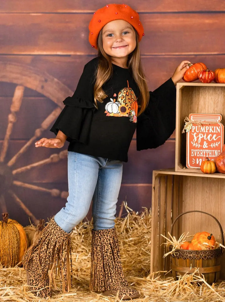 Girls Boho Sleeve Leopard Pumpkin Top Mia Belle Girls