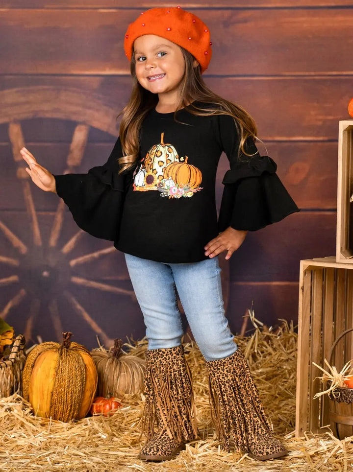 Girls Boho Sleeve Leopard Pumpkin Top Mia Belle Girls