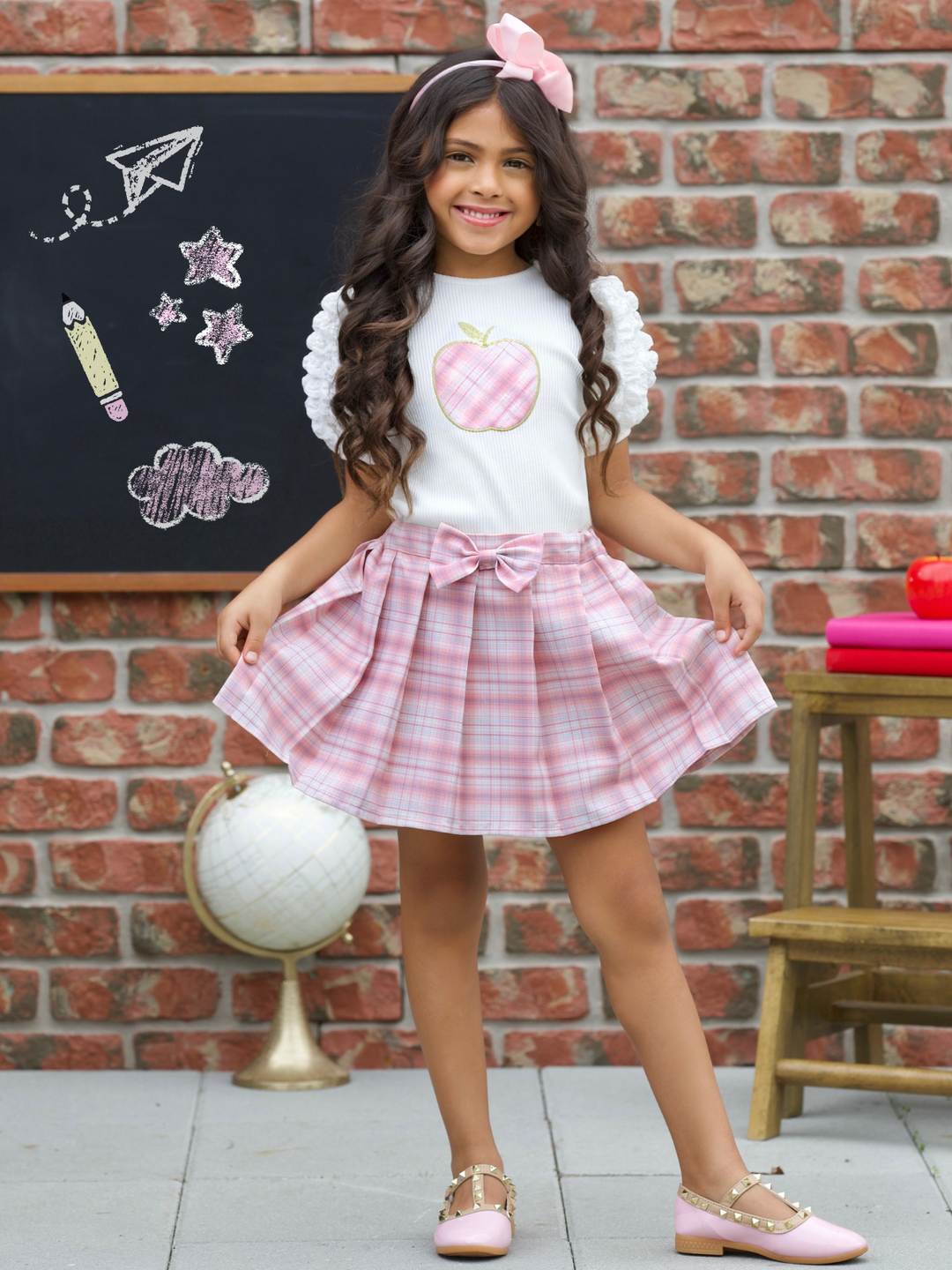 Smarty Apple Puff Sleeve Top & Pleated Plaid Skirt Set