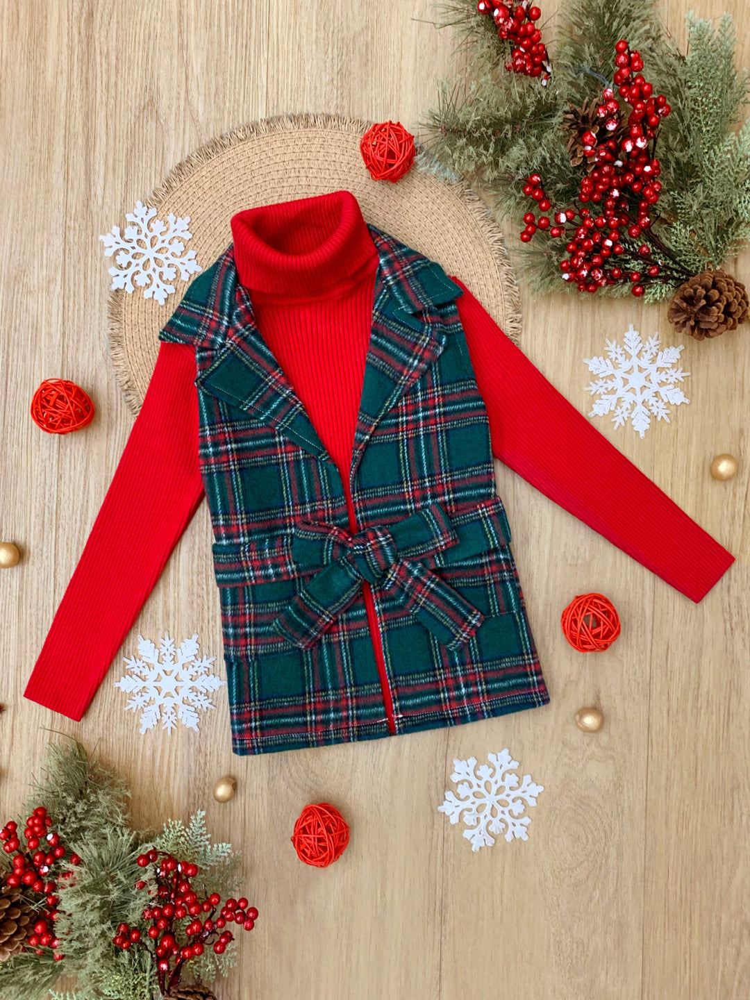 Festive Flair Plaid Belted Vest and Red Turtleneck Top Set Mia Belle Girls