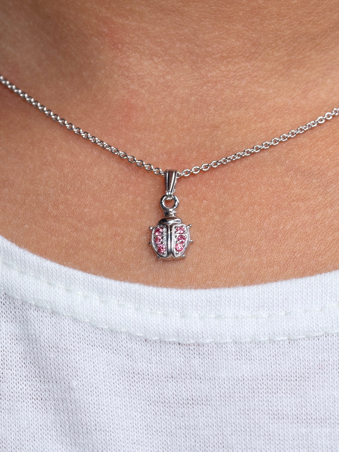 Sterling Silver Pink Ladybug Pendant Necklace