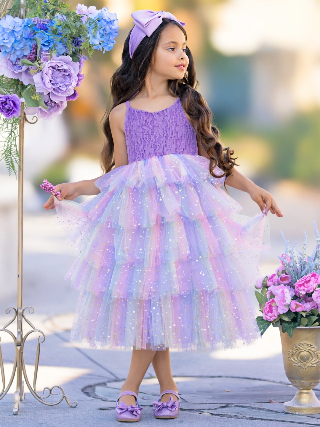 Pastel rainbow layered tulle party dress with lavender lace top for flower girl, church, and spring events