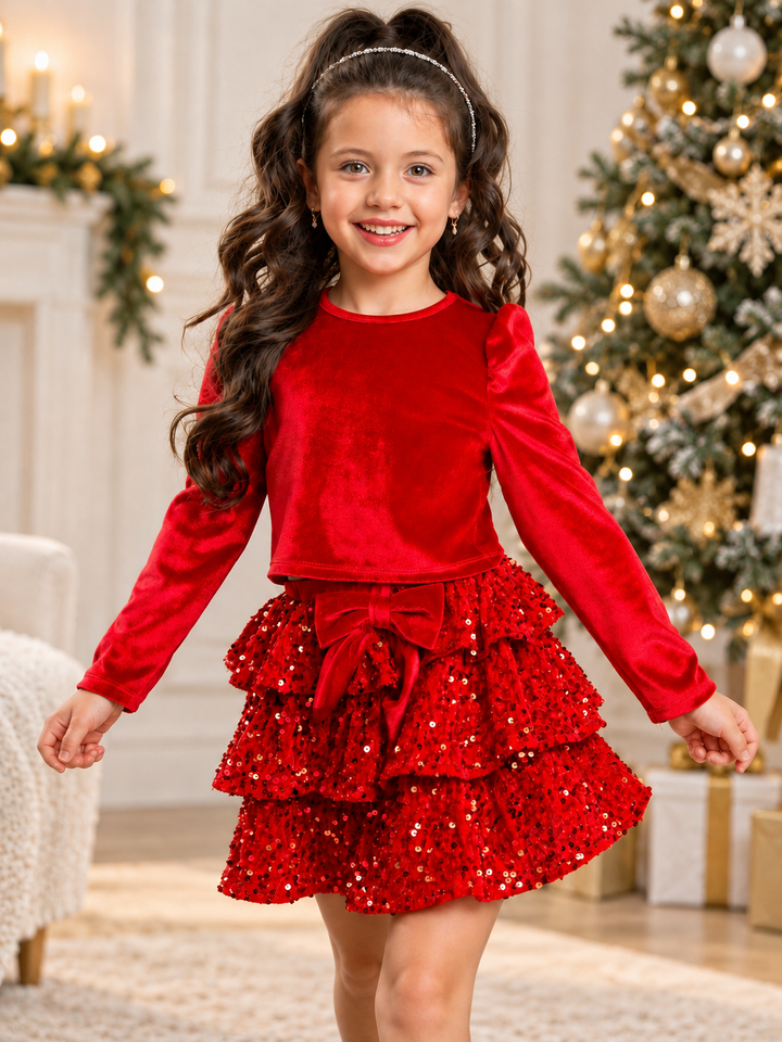 Red Velour Top and Sequin Tutu Skirt Set