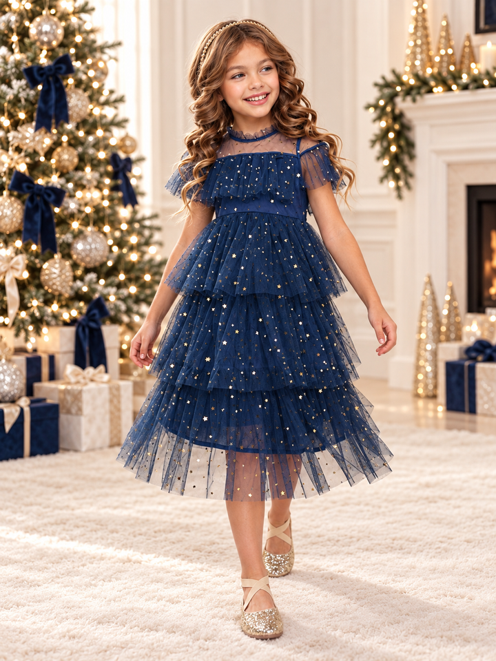 Navy Star Ruffle Tulle Holiday Party Dress