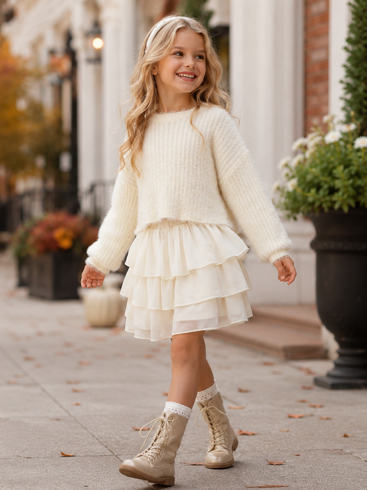 Ivory Dreams Cozy Sweater and Tiered Skirt Set