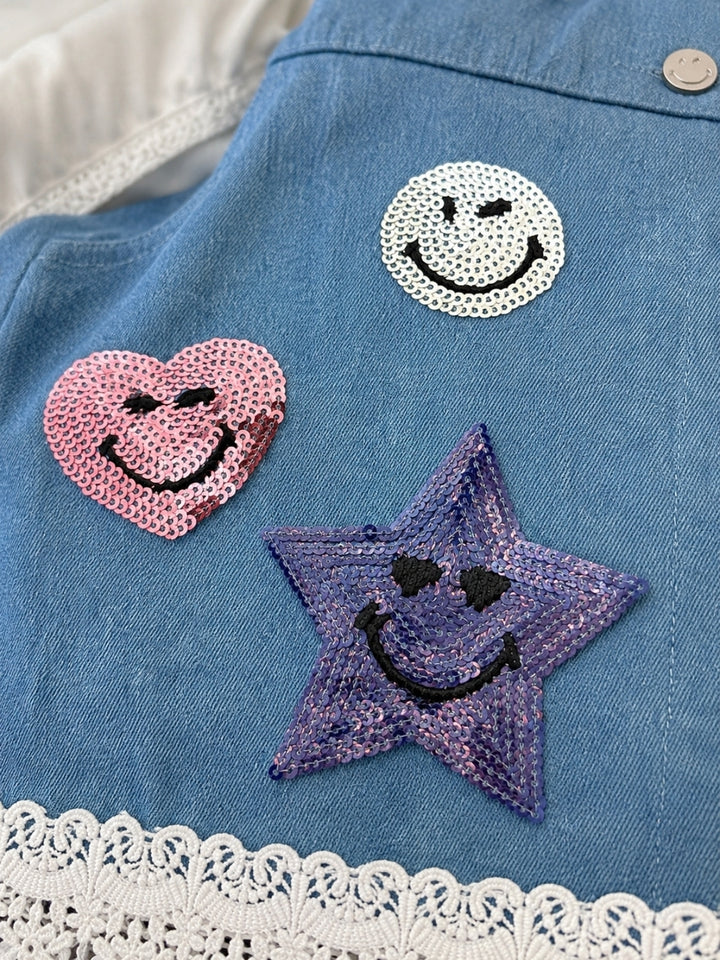 SmileyWorld Tie Front Top and Sequin Denim Skort Set