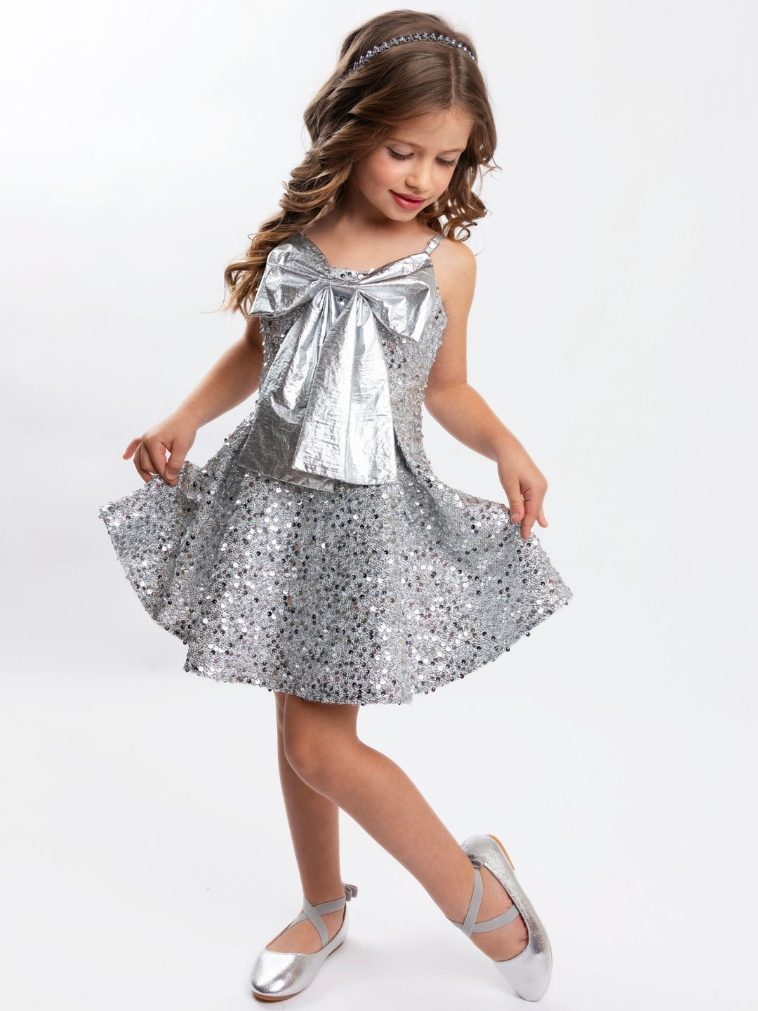 Silver Metallic Bow & Sequin Twirl Holiday Dress