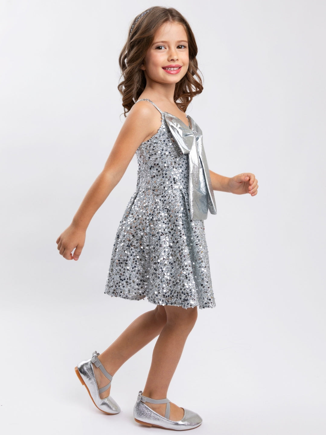 Silver Metallic Bow & Sequin Twirl Holiday Dress