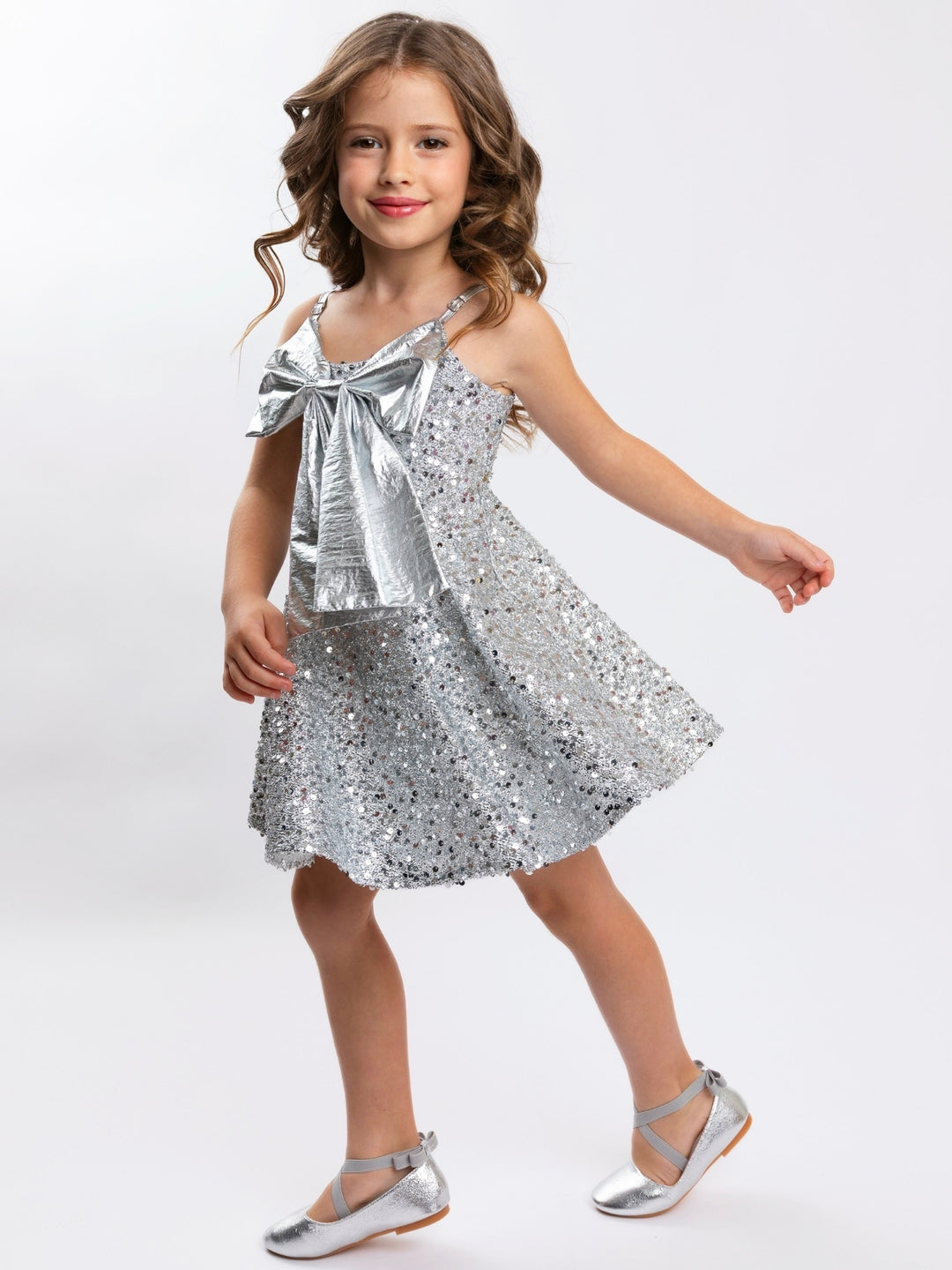 Silver Metallic Bow & Sequin Twirl Holiday Dress