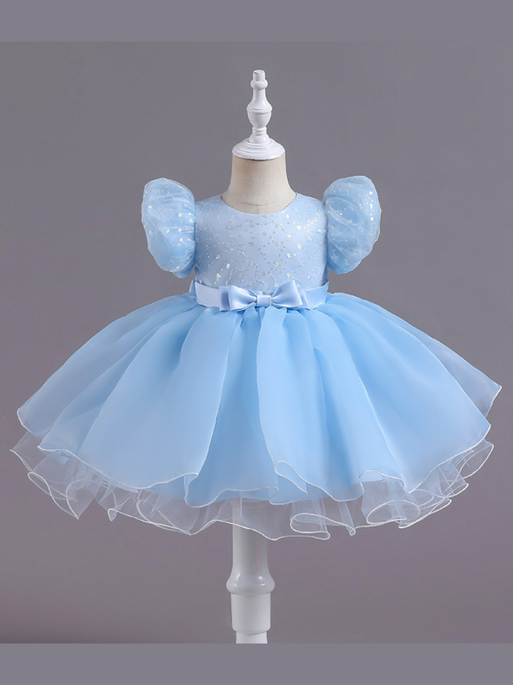 Girls Formal Dresses | Sequin Puff Sleeve Mid Length Formal Dress