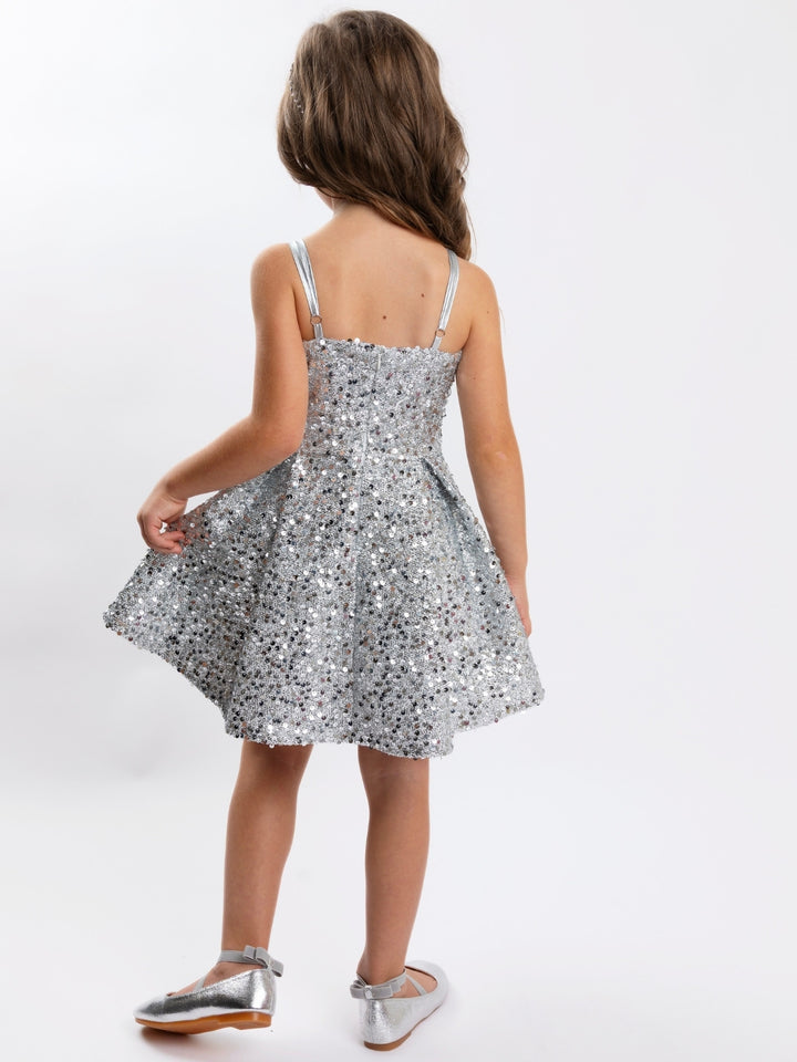Silver Metallic Bow & Sequin Twirl Holiday Dress