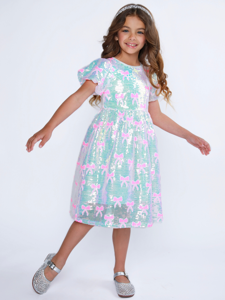 Sweet Sparkle Pink Bow Sequin Puff Sleeve Dress