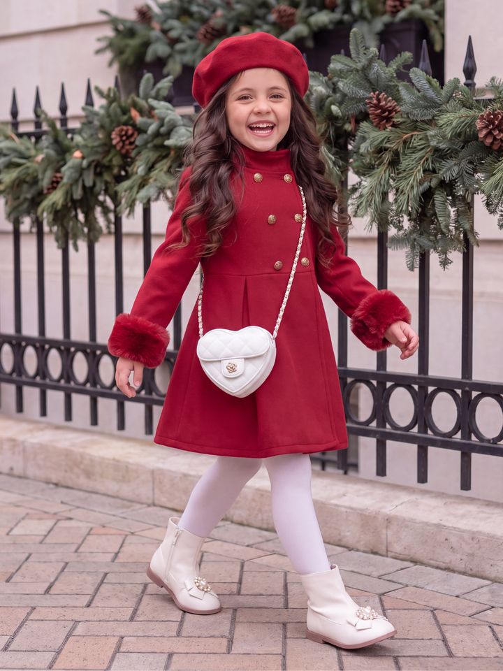 Girls Red Fleece Coat And Beret Set