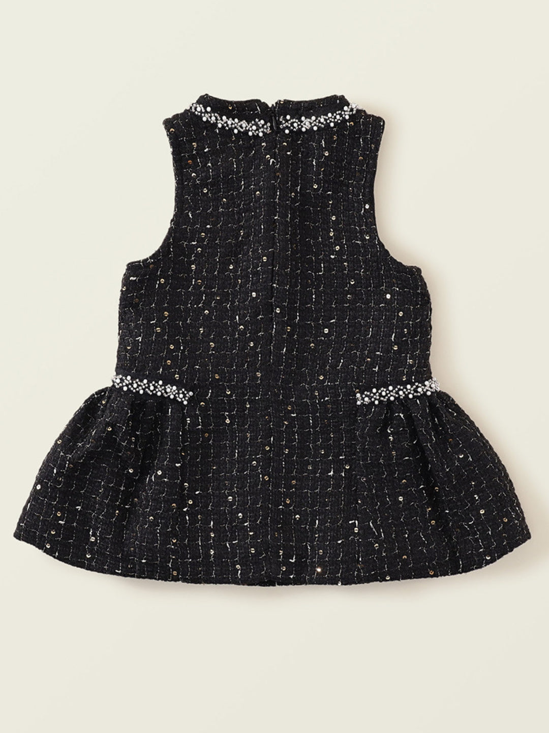 Black Tweed Pearl Bow Ruffle Tank Dress