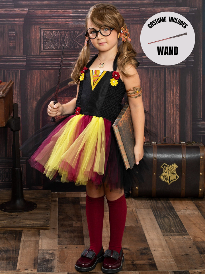 Girls Red and Gold Wizard School Tutu Costume Dress with Wand Mia Belle Girls