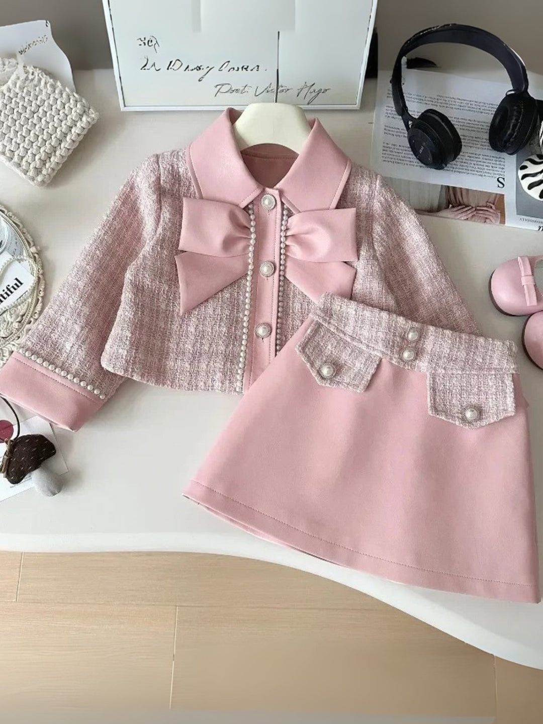 Elegant Pearl Trim Pink Jacket & Skirt Set