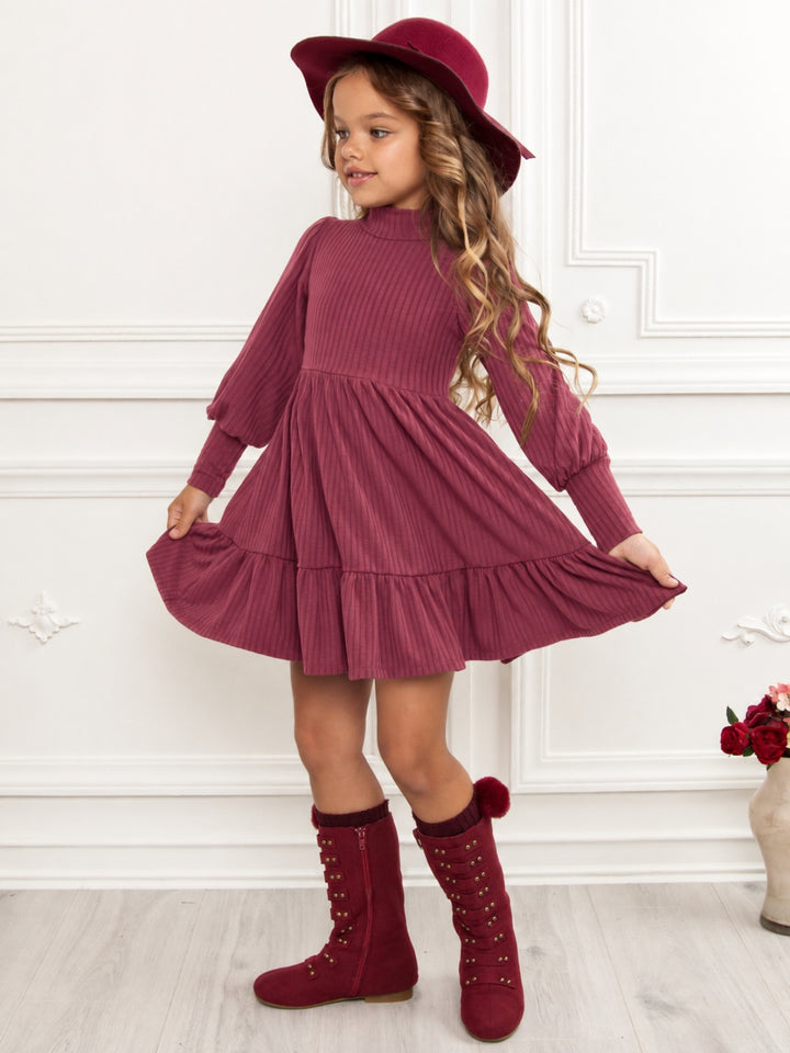 Snuggle & Twirl Burgundy Ribbed Mockneck Dress