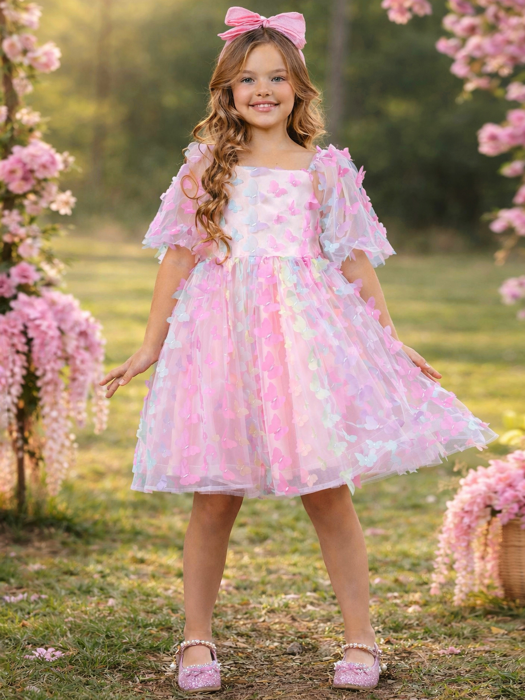 Girls pastel butterfly dress styled for garden party