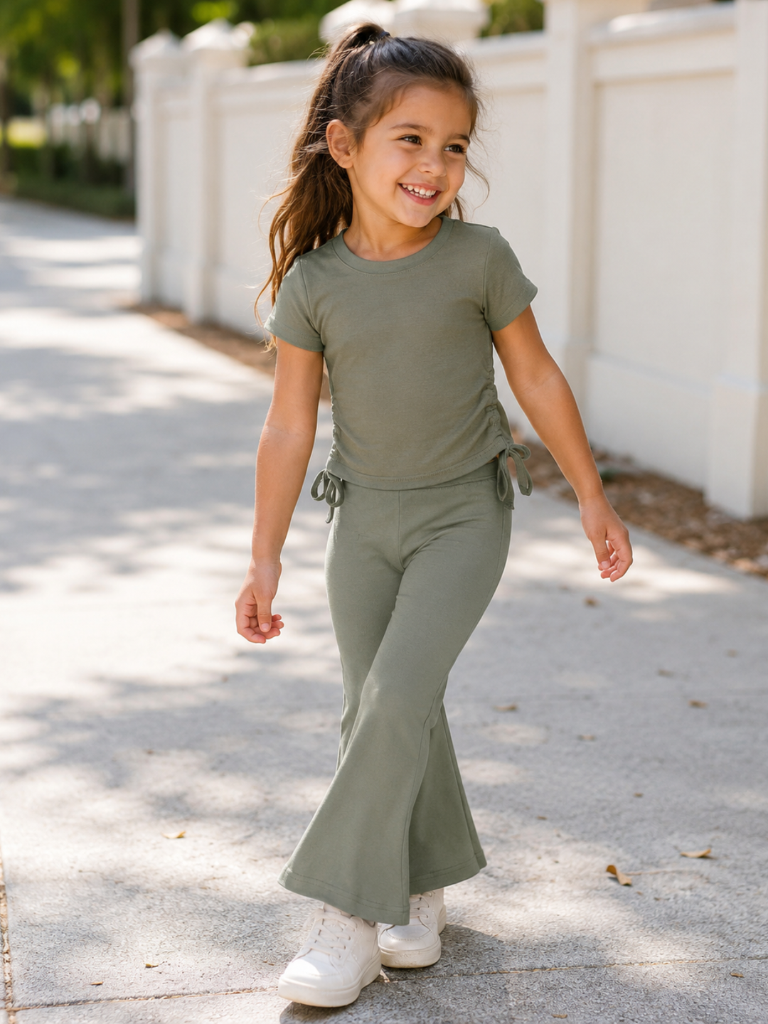 Everyday Stretch Olive Side-Ruched Tee & Flare Pant Set