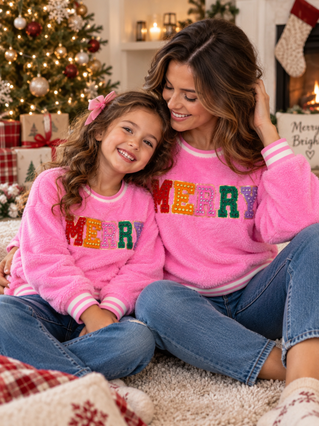 Mommy and Me Merry Embroidered Pink Furry Sweater