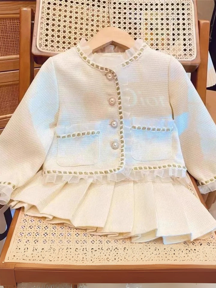 Elegant Pearl Button Jacket & Pleated Skirt Set