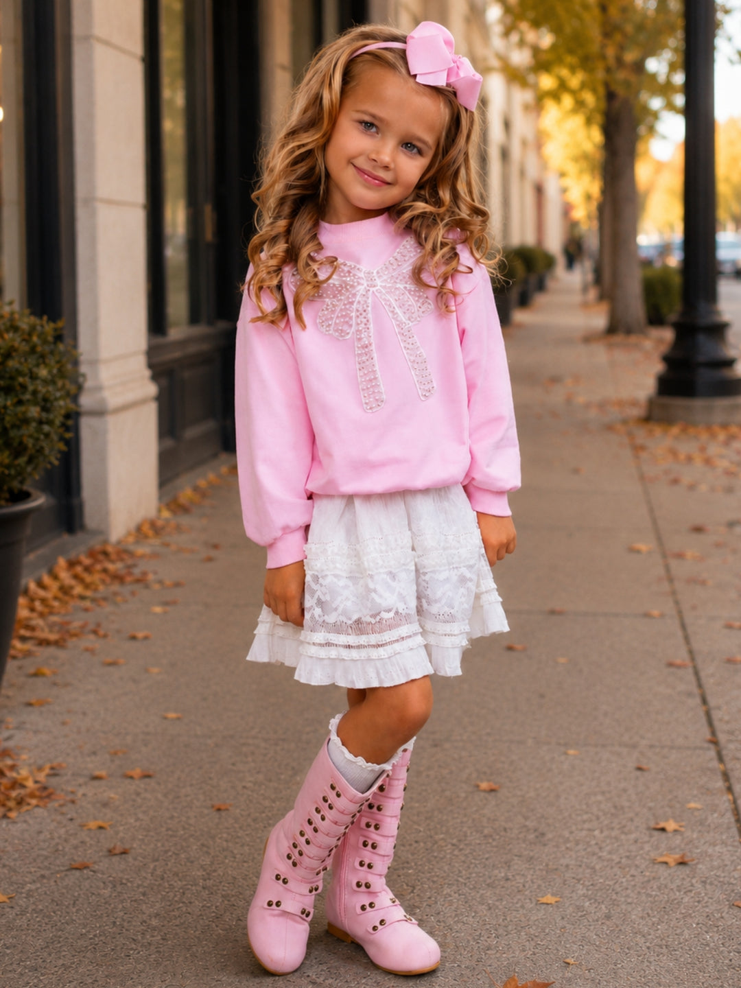 Pretty in Pink Pearl Bow Top and Lace Skirt Set